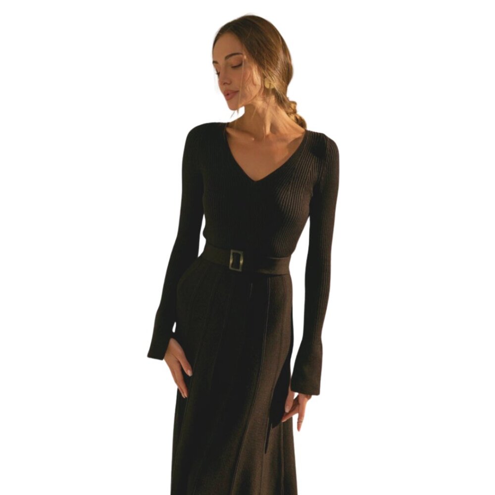 Stephanie Knit Black Dress with Belt